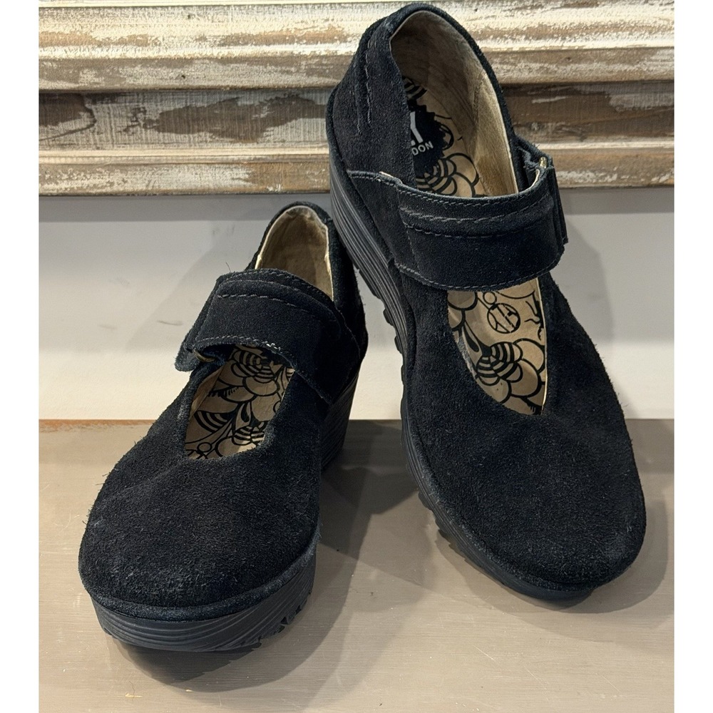 FLY London Robi Black Suede Wedge Platform Mary Jane Shoes Women's EU38 US 7-7.5